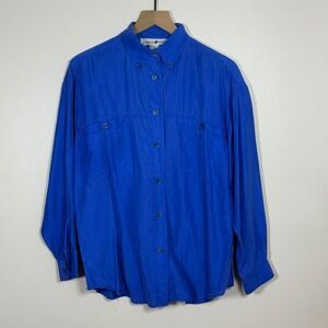 Vintage Womens Silk Button Down Shirt Blue Jonathan Martin Size S Oversized Fit